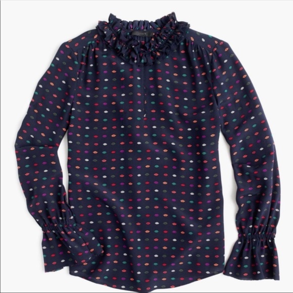 JCrew ruffle neck silk top in lips print 000 - Picture 2 of 5